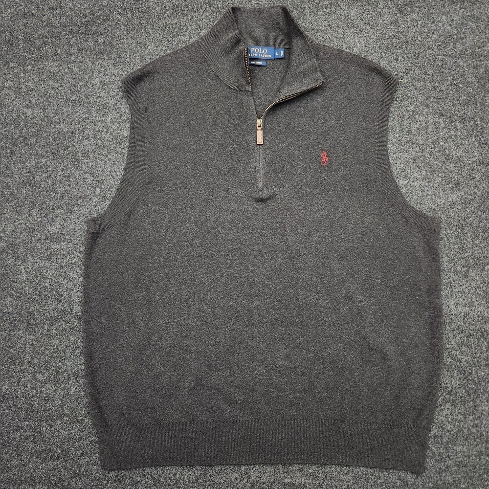Polo Ralph Lauren Mens Large‎ 1/4 Zip Gray Pullover Sweater Vest Pima Cotton